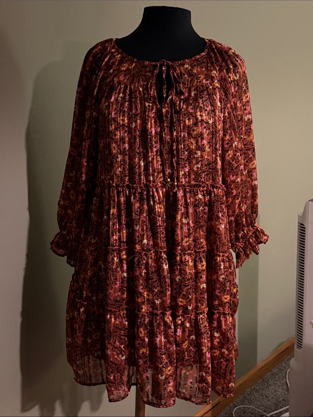 Nostalgia Copper Brown and pink Floral Tiered Ruffle Dress